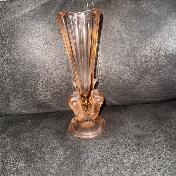Art Deco Josef Feigl Pink Glass Vase With Bird Motif & Fluted Design - Picture 1 of 4